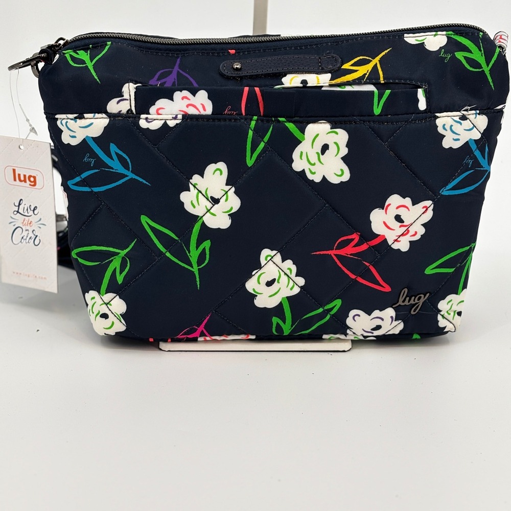 Lug Flare 2 Crossbody Bag Womens Small Navy Blue Bright Floral Quilted Nylon